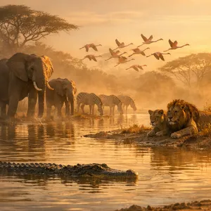 A misty dawn at an African savanna watering hole where elephants, lions, and zebras coexist in tense harmony, with a crocodile partially submerged in the foreground and flamingos taking flight in the background, golden hour lighting. - OpenAI GPT Image 1.5