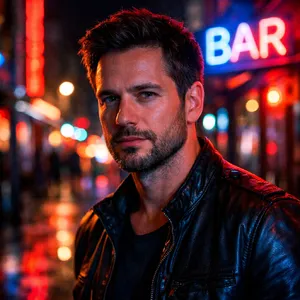 A nighttime portrait of a man lit by neon signs on a city street. - OpenAI GPT Image 1.5