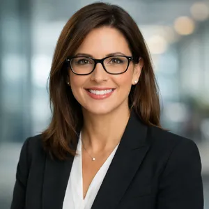 A professional headshot of a businesswoman wearing glasses, against a blurred background. - OpenAI GPT Image 1.5