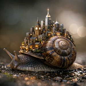 A snail whose shell contains a miniature city skyline, depicted in a hyperrealistic macro photography style with intricate architectural details and ambient lighting. - OpenAI GPT Image 1.5