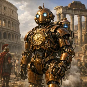 A steampunk robot time-traveling in ancient Rome, depicted in a detailed cinematic style that blends historical accuracy with copper and brass retrofuturistic aesthetics. - OpenAI GPT Image 1.5