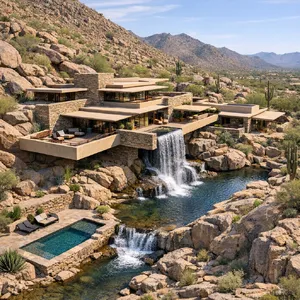 Aerial view of a modernist desert home, in the style of Frank Lloyd Wright's Fallingwater but adapted to desert conditions. Show integration with rocky landscape and water features. - OpenAI GPT Image 1.5