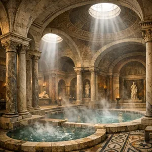 An ancient Roman bathhouse interior with accurate architectural details - marble columns, mosaic floors, arched ceilings, and steam rising from pools. Natural light from oculus openings. - OpenAI GPT Image 1.5