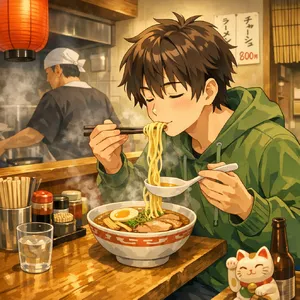 An anime scene of a character eating ramen at a small shop counter (slice-of-life style). - OpenAI GPT Image 1.5