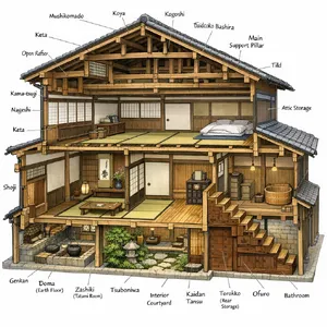 Cutaway architectural drawing of a traditional Japanese machiya townhouse showing all rooms and structural elements. Include accurate proportions, traditional joinery, and typical spatial organization. - OpenAI GPT Image 1.5