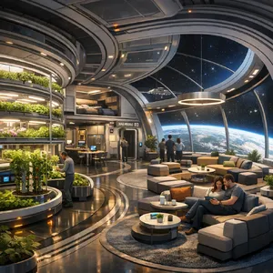 Interior of a futuristic space habitat with hydroponics gardens, communal areas, and living quarters. Show curved walls, artificial gravity considerations, and multipurpose furniture designs. - OpenAI GPT Image 1.5