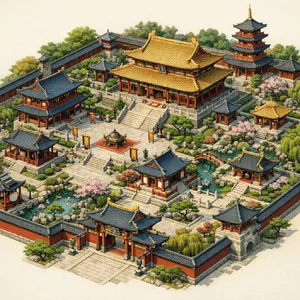 Isometric architectural illustration of an ancient Chinese temple complex showing multiple pavilions, gardens, and ceremonial spaces. Include proper roof structures and traditional ornamentation. - OpenAI GPT Image 1.5