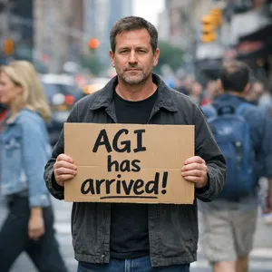 Photorealistic daytime street photograph, clearly showing a man standing still on a busy urban street corner holding a rectangular cardboard sign clearly facing camera, handwritten bold black marker text clearly readable as 