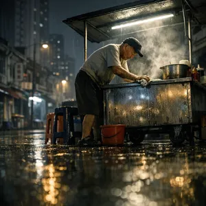 Rain-slicked Singapore street, 3 AM. A lone elderly hawker cleans his cart under one flickering fluorescent light. Steam rises gently. Low-angle shot, photorealistic - OpenAI GPT Image 1.5