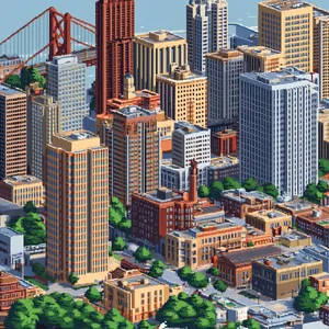 Pixel art cityscape of San Francisco in the iconic SimCity 2000 style, isometric view, detailed skyscrapers, residential areas, clearly identifiable Golden Gate Bridge, Coit Tower, Transamerica Pyramid, surrounded by the classic SimCity 2000 UI elements - Midjourney Midjourney V6.1