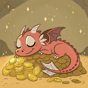 A cute chibi-style dragon sleeping on a pile of gold. - Recraft Recraft V3