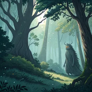 A forest spirit standing among tall trees. Replicate the artistic style of 'Princess Mononoke' by Studio Ghibli, with Miyazaki's detailed environments and mystical creature design. - Recraft Recraft V3