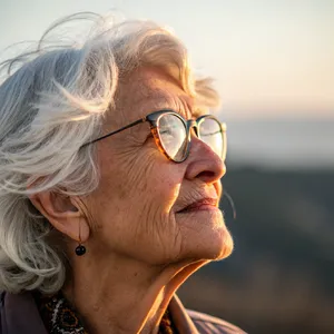 A ultra high-resolution portrait of an elderly woman with silver hair and bifocal glasses, each lens reflecting a distant landscape, captured in warm late-afternoon sunlight - Recraft Recraft V3