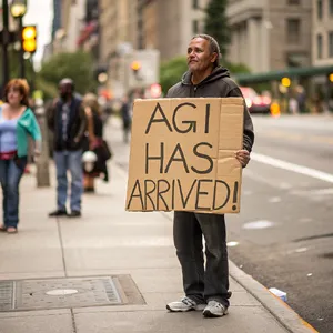 Photorealistic daytime street photograph, clearly showing a man standing still on a busy urban street corner holding a rectangular cardboard sign clearly facing camera, handwritten bold black marker text clearly readable as 