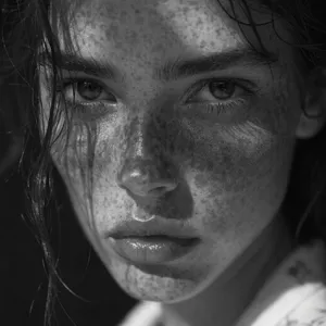 A black and white close-up portrait of a freckled woman with an intense gaze. - Recraft Recraft V4.1