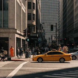 A busy city intersection with cars, pedestrians, and street performers all in one frame. - Recraft Recraft V4.1