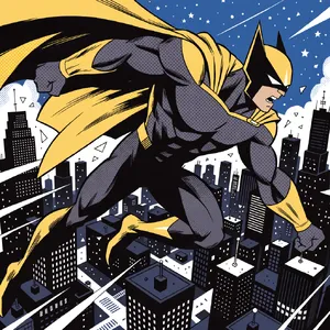 A comic-book style superhero flying over a city at night, with halftone shading. - Recraft Recraft V4.1
