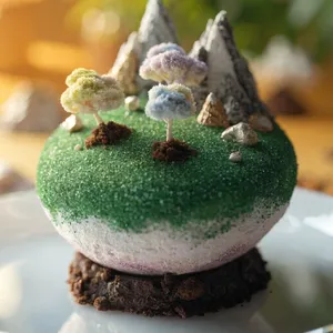 A dessert cake that looks like a tiny planet, complete with miniature trees and mountains, photographed in a professional food photography style with tilt-shift focus effect. - Recraft Recraft V4.1