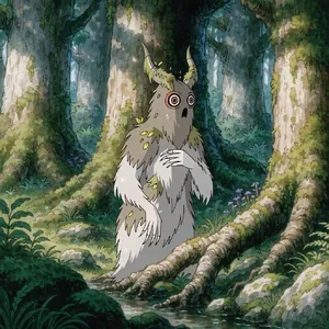 A forest spirit standing among tall trees. Replicate the artistic style of 'Princess Mononoke' by Studio Ghibli, with Miyazaki's detailed environments and mystical creature design. - Recraft Recraft V4.1