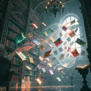 A library where the books are glowing and floating in mid-air, illustrated in a magical realism style with dramatic lighting and rich atmospheric colors. - Recraft Recraft V4.1