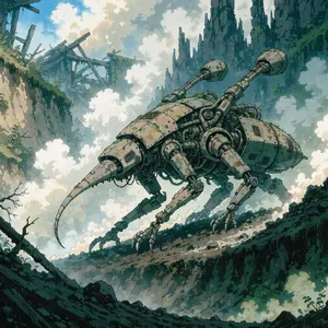 A mechanical creature in a polluted landscape. Capture the visual aesthetic of 'Nausicaä' by Studio Ghibli, with Miyazaki's mechanical designs and environmental contrast. - Recraft Recraft V4.1