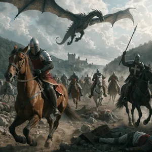 A medieval battlefield with knights on horseback and a dragon flying overhead. - Recraft Recraft V4.1