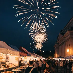A nighttime festival with fireworks in the sky, food stalls lined up, and crowds mingling. - Recraft Recraft V4.1