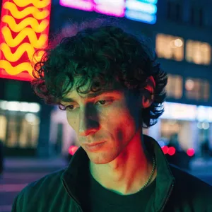 A nighttime portrait of a man lit by neon signs on a city street. - Recraft Recraft V4.1