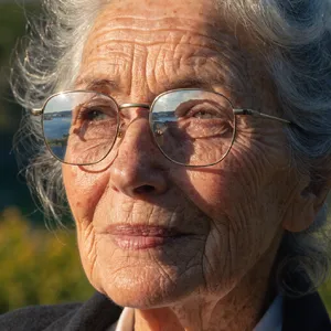 A ultra high-resolution portrait of an elderly woman with silver hair and bifocal glasses, each lens reflecting a distant landscape, captured in warm late-afternoon sunlight - Recraft Recraft V4.1