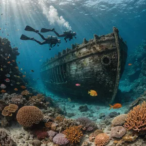 An underwater scene with scuba divers exploring a coral reef alongside colorful fish and a sunken ship. - Recraft Recraft V4.1