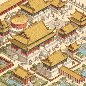 Isometric architectural illustration of an ancient Chinese temple complex showing multiple pavilions, gardens, and ceremonial spaces. Include proper roof structures and traditional ornamentation. - Recraft Recraft V4.1