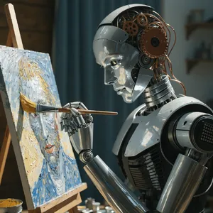 Photorealistic image of a robot painting a realistic self-portrait (i.e. the robot) on canvas, mimicking Van Gogh’s art style; clear, realistic metallic textures and painting details visible - Recraft Recraft V4.1