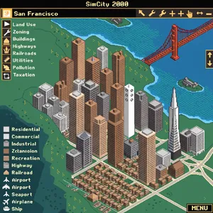 Pixel art cityscape of San Francisco in the iconic SimCity 2000 style, isometric view, detailed skyscrapers, residential areas, clearly identifiable Golden Gate Bridge, Coit Tower, Transamerica Pyramid, surrounded by the classic SimCity 2000 UI elements - Recraft Recraft V4.1