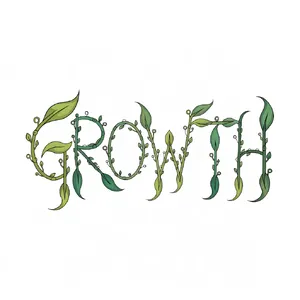 The word 'GROWTH' visualized using stylized plant vines organically forming the letters, green tones, white background, graphic design. - Recraft Recraft V4.1