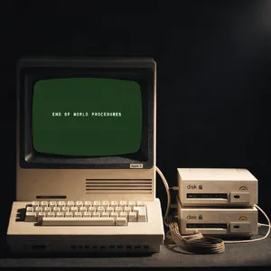 Vintage Apple II computer with green monochrome CRT screen, displaying 'END OF WORLD PROCEDURES' in green text. Two external floppy drives stacked on the right, labeled disk II with rainbow Apple logos. Beige casing, black background, retro aesthetic. - Recraft Recraft V4.1