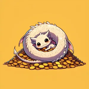 A cute chibi-style dragon sleeping on a pile of gold. - Reve Reve Image (Halfmoon)