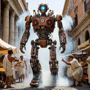 A steampunk robot time-traveling in ancient Rome, depicted in a detailed cinematic style that blends historical accuracy with copper and brass retrofuturistic aesthetics. - Reve Reve Image (Halfmoon)