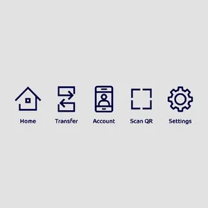 Set of 5 consistent flat design icons for a mobile banking app: 'Home', 'Transfer', 'Account', 'Scan QR', 'Settings'. Monochrome dark blue. - Reve Reve Image (Halfmoon)