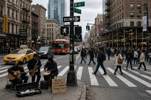 A busy city intersection with cars, pedestrians, and street performers all in one frame. - XAI Grok Imagine 2.0 (Preview)