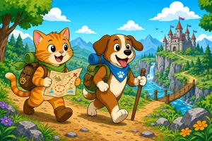 A cartoon of a cat and a dog on an adventure, drawn in a colorful 2D style. - XAI Grok Imagine 2.0 (Preview)