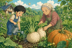 A child and elder tending oversized vegetables in a garden. Reproduce the artistic style of Studio Ghibli, with their distinctive character proportions and detailed plant illustrations. - XAI Grok Imagine 2.0 (Preview)