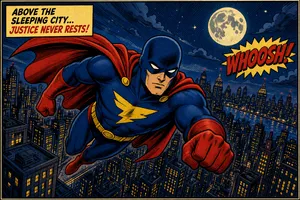 A comic-book style superhero flying over a city at night, with halftone shading. - XAI Grok Imagine 2.0 (Preview)