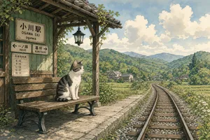 A countryside train station with a cat waiting on a bench. Rendered in Studio Ghibli animation style with Miyazaki's watercolor backgrounds and hand-drawn quality. - XAI Grok Imagine 2.0 (Preview)