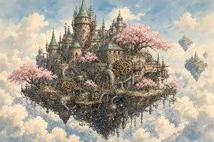 A floating steampunk castle in the sky with intricate mechanical gears and cherry blossom trees, illustrated in Hayao Miyazaki's Castle in the Sky (1986) art style with watercolor textures and detailed line work. - XAI Grok Imagine 2.0 (Preview)