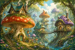 A forest of giant mushrooms with houses built on top of them, rendered in a whimsical Studio Ghibli-inspired art style with vibrant colors and fantastical details. - XAI Grok Imagine 2.0 (Preview)