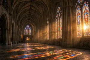 A Gothic cathedral interior at sunset with light streaming through detailed stained glass windows, creating colored patterns on stone floors and columns. Show accurate ribbed vaulting. - XAI Grok Imagine 2.0 (Preview)