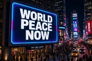 A large storefront billboard at Times Square displaying the slogan “WORLD PEACE NOW” in bold, clear letters, amidst a vibrant cityscape at night. - XAI Grok Imagine 2.0 (Preview)