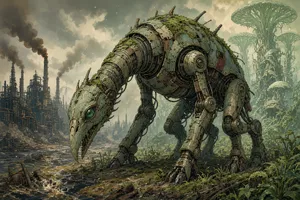 A mechanical creature in a polluted landscape. Capture the visual aesthetic of 'Nausicaä' by Studio Ghibli, with Miyazaki's mechanical designs and environmental contrast. - XAI Grok Imagine 2.0 (Preview)