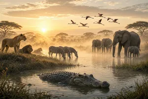 A misty dawn at an African savanna watering hole where elephants, lions, and zebras coexist in tense harmony, with a crocodile partially submerged in the foreground and flamingos taking flight in the background, golden hour lighting. - XAI Grok Imagine 2.0 (Preview)