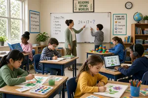A school classroom of children and a teacher, each student engaged in a different activity. - XAI Grok Imagine 2.0 (Preview)